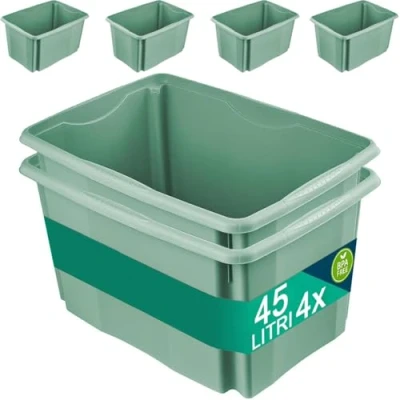 Immagine di BAKAJI Set 4 Contenitori per Vesiti in Plastica con Ruote, Portaoggetti Impilabile Stoccaggio Vestiti, Scatole armadio, Giocattoli, Libri, Salvaspazio, SENZA COPERCHIO (4 x 45 Lt Verde)