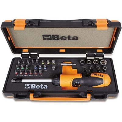 Immagine di Beta 860/C38P 1 portainserti con impugnatura a criccheto reversibile, 27 inserti per avvitatori, 8 bussole esagonali e 2 accessori in cassetta di lamiera termoformato morbido