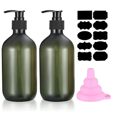 Immagine di 2 Pezzi Bottiglie Vuote Pompa a Pressione, 500 ml Dispenser Contenitore di Sapone Plastica, Flacone Dosatore Vuoti per Shampoo Lozioni Bagno Cucina, con Etichetta Imbuto Verde