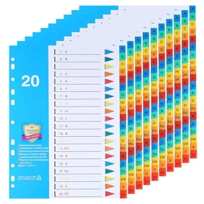 Immagine di Divisorio con Tasti Prestampati A Z Formato A4(10 Pezzi) Divisori per Raccoglitori A4 20 Linguette Rinforzate Multicolore