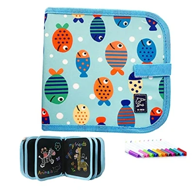 Immagine di Libro da colorare riutilizzabile per bambini, tavolo disegno lavabile, portatile con 12 matite colorate, 14 pagine