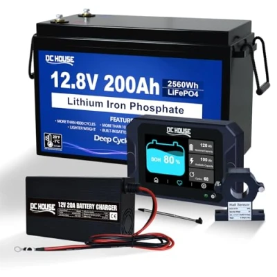 Immagine di batteria LiFePO4 da 12V, 200Ah, con 20A, monitor 300A, 12V/24V/36V/48V, camper, impianti solari, roulotte, applicazioni indipendenti dalla rete