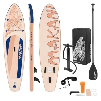 Immagine di ECD Germany Stand Up Paddle Board Makani 320x80x15 cm Tavola SUP Gonfiabile per Adulti e Bambini Max 120 kg Set Completo con Pagaia Pompa Zaino Cordino di Sicurezza Kit Riparazione Colore Albicocca