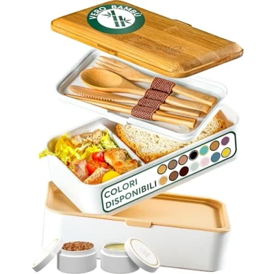 Immagine di Porta Pranzo 1,2L, Lunch Box Ermetico con 4 Scomparti e Posate, Sicuro per Microonde, Lavastoviglie, Portapranzo Ufficio, Bento Lunchbox Prova di Perdite Adulti, Schiscetta Umami