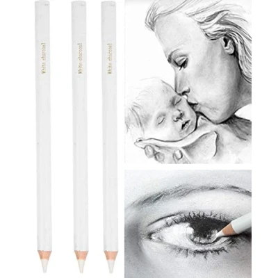 Immagine di Set di 3 matite professionali a carbone, colore bianco, per schizzi, sfumature, miscelazione gesso, principianti e artisti