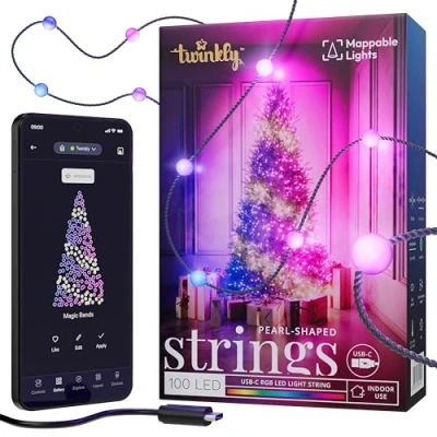 Immagine di Twinkly Strings Pearls 100 LED, Striscia Luci LED a Forma di Perla, Filo Multicolore RGB, Compatibile con Alexa, Google Home, Gaming, Alimentazione USB C, Verde, 6m