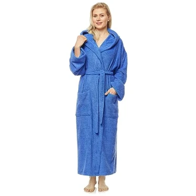 Immagine di Arus Accappatoio da donna con cappuccio, llunghezza alla caviglia, 100% cotone spugna, Taglia donna: M lunghe, unisex: S Blu Reale