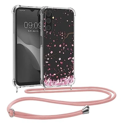 Immagine di kwmobile Custodia Compatibile con Samsung Galaxy A14 5G Cover Back Case in Silicone TPU Protezione Smartphone Cordino rosa/marrone scuro/trasparente