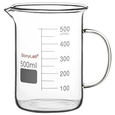 Immagine di stonylab Bicchiere in Vetro con Manico, Graduato Borosilicato Griffin a Forma Bassa Manico e Beccuccio per Versare, 500 ml