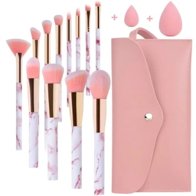 Immagine di pennelli Make Up Start Makers Professional 12Pcs Set di per trucco in marmo rosa con correttore fondotinta Blush ombretto Beauty Blender e borsa il