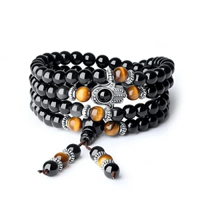 Immagine di COAI Bracciale Collana 108 Perle Mala in Onice Nera con Inserti Occhio di Tigre Marrone e Amuleto Mano Hamsa Argento Vintage