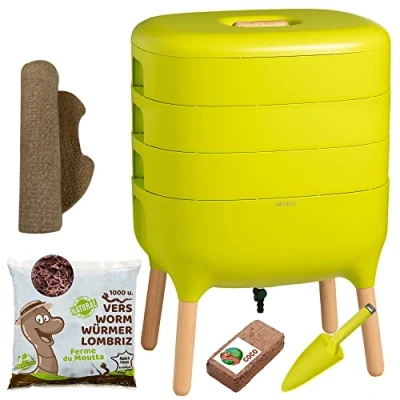 Immagine di Moutta Urbalive 3 vassoi Verde, Kit Completo I Vermicompostaggio Design 500g di Vermi Lombrichi / 1000 pz. Substrato Iniziale Stuoia Canapa + Pala Interno, Balcone e Giardino