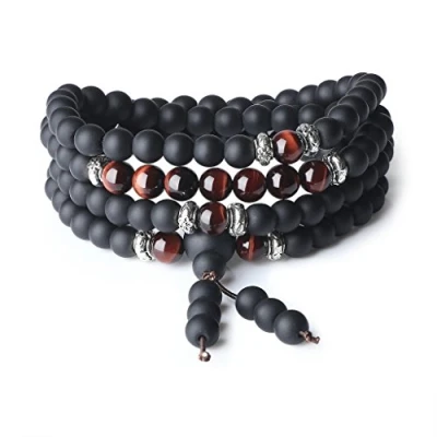 Immagine di COAI Bracciale Collana 108 Perle Mala in Onice Opaca e Occhio di Tigre Rosso, Tibetano da Preghiera Pietre semi preziose