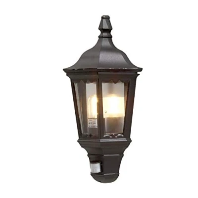 Immagine di Konstsmide Firenze Lampada da parete per esterni, con sensore PIR, 1 lampadina E27 Max 100 W, in vetro acrilico trasparente, alluminio, IP43, colore: Nero opaco