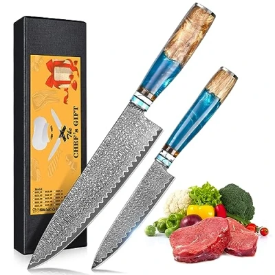 Immagine di oFuun 2 Pezzi Set Coltelli da Cucina Professionali Coltello Giapponese Damasco 67 Strati, Professionale Chef Carne Per E Appassionati