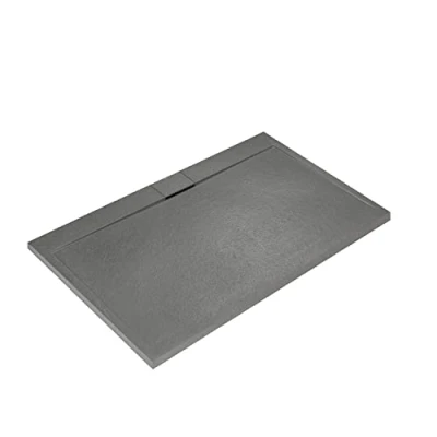 Immagine di Ideal Standard Ultra Flat S i.life, Piatto doccia rettangolare 170x70 in resina, Piletta di scarico lato lungo, Finitura opaca effetto pietra, Grigio cemento