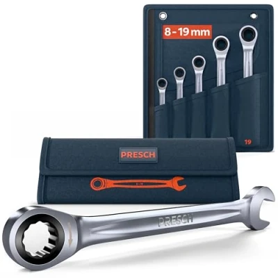 Immagine di PRESCH Set di chiavi a cricchetto 5 pz (8, 10, 13, 17, 19mm) con borsa Angolo ritorno minimo (4, 90 denti) Chiave robuste fresate precisione