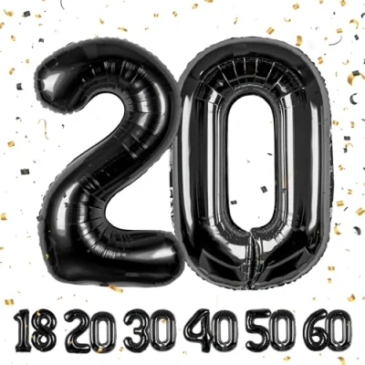 Immagine di Palloncini Compleanno 20 anni Noir 101 CM Palloncino Numero Gonfiabile in Foil Decorazioni di un uomo donna Vola con l&#039;Elio