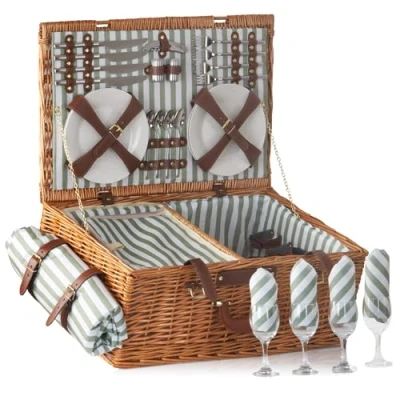 Immagine di CampFeuer cestino da picnic per 4 persone, con set di stoviglie e scomparto frigorifero, 29 pezzi, valigetta picnic, in vimini cinturino similpelle, borsa completo