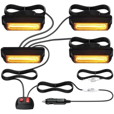 Immagine di Justech Kit Luci Lampeggianti 9cm COB LED Lampeggiante con Staffe di Montaggio Pulsante Interruttore modalità 12V 24 V Universale per Veicolo Rimorchio Caravan Trattore Camion E Mark