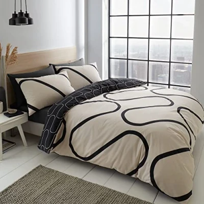 Immagine di Catherine Lansfield Linear Curve Geometrico Reversibile Set Copripiumino Singolo con Federa Nero