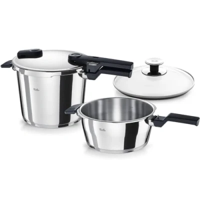 Immagine di Fissler Vitaquick Premium, Set di Pentole A Pressione, 3 Pezzi 2 Casseruole Metallo da 3.5 E 6 Litri, 1 Coperchio Supplementare in Vetro, Compatibile Induzione