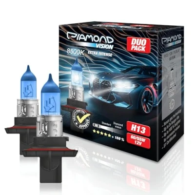 Immagine di Diamond Vision 2 lampadine alogene per auto H13, 12 V, 60/55 W, effetto xeno, 8500 K, super bianco, bianco freddo, estremamente durevoli, marchio di omologazione E, PJ26.4T