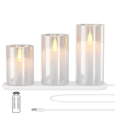 Immagine di EXTSUD candele a LED senza fiamma tremolanti con stazione di ricarica e telecomando, set da 3 in vetro ricaricabili, funzione timer, romantiche lumini,Bianco