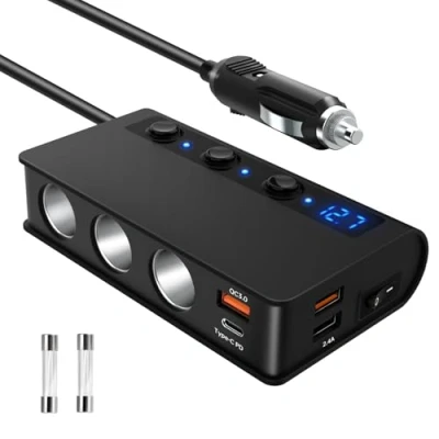 Immagine di QC 3.0 Sdoppiatore accendisigari Auto USB C, 180W multipresa 12V/24V, Type C Caricabatteria 4 Porte &amp; 3 Prese per GPS Dash Cam Cellulare Tablet presa