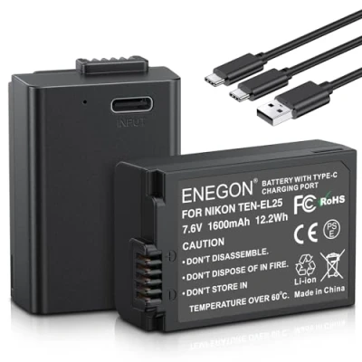 Immagine di ENEGON Batterie di Ricambio Ricaricabili EN EL25/EL25A con Ricarica Diretta USB C 1600mAh(2 Pezzi) Cavo Type 2 in 1 per Nikon Serie Z, Z50, Z30, Z FC,Nikon EL25/EL25A,4241 e MH 32