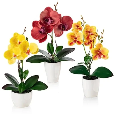 Immagine di PASCH® fiori artificiali in vaso (35 cm) Set di 3 orchidee artificiali, vasi ceramica lucida, (rosso, arancione, giallo)