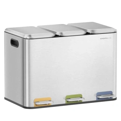 Immagine di SONGMICS HOME Cestino da Cucina Tripla, Pattumiera per Raccolta Differenziata 3 x 15 L con Pedali Colorati, Differenziata, Coperchio e Secchi Interni, Acciaio, Argento Metallizzato