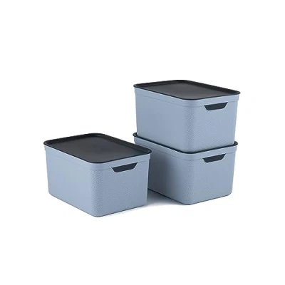 Immagine di Jive 3er Set Dekobox A4 fog blue di 3 contenitori da 16 l con coperchio, Plastica (PP riciclato), blu/antracite, 3x16l (37.5 x 27.8 29.8 cm)