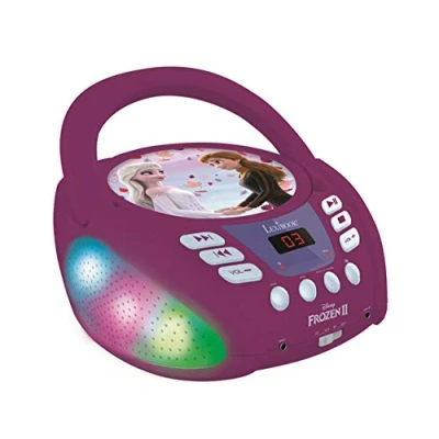 Immagine di Lexibook, Frozen, Lettore CD Bluetooth per bambini, portatile, effetti luminosi multicolore, microfono, presa Aux in, alimentazione a corrente alternata o batteria, ragazze, ragazzi, viola, RCD109FZ