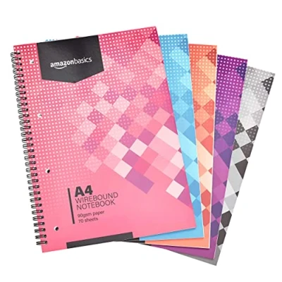 Immagine di Amazon Basics Quaderno con rilegatura a spirale, colori assortiti, 70 fogli/140 pagine, formato A4, 90 g/m², bianca, (confezione da 5)