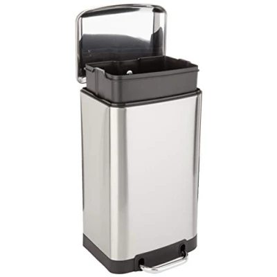Immagine di Amazon Basics Pattumiera rettangolare, piccola, resistente alle macchie, con pedale a chiusura ammortizzata, per bagno, camera da letto, soggiorno o ufficio, 20 l, in nichel, argento