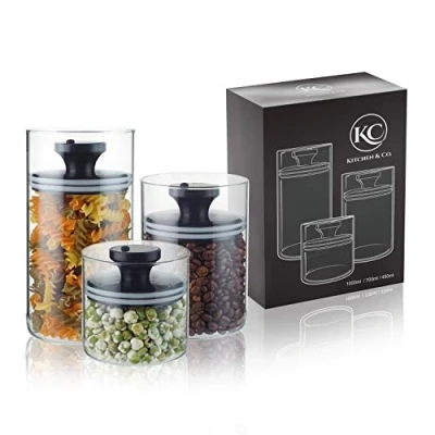 Immagine di Barattoli con coperchio sottovuoto, contenitore ermetico, coperchio, bicchieri a prova di tarme, in vetro, senza BPA, vetro borosilicato, conservazione sostenibile (set da 3)