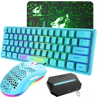 Immagine di tastiera da gioco 60% con layout UK Set di mouse per portatile cablata 62 tasti 7 LED RGB retroilluminati +Mouse ultraleggero 6400 DPI +Tappetino + Controller