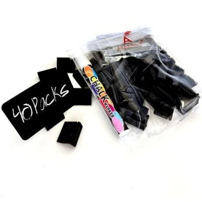 Immagine di Set di 40 lavagne sintetiche riutilizzabili + basi da 25 mm pennarello a gesso liquido, porta prezzi lavagna sintetica, per prezzi, mini portaprezzi (nero)