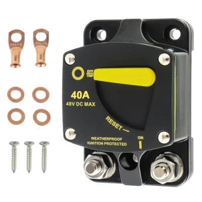 Immagine di HUAREW 40A aripristino manuale interruttore, 12 48V DC Interruttore di Circuito Automatico Fusibile, con Capicorda Rondella In Rame per Audio Auto Marine