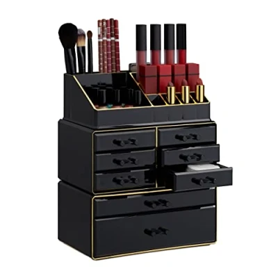 Immagine di Relaxdays, Nero/Oro Organizer Make Up con Cassetti, Porta Trucchi e Accessori, Acrilico, 30 x 24 14 cm