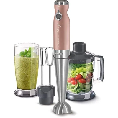 Immagine di Sencor minipimer immersione SHB 56XX, frullatore 4 in 1, elettrico con bicchiere da 800ml, tritatutto elettrico, fruste elettriche, potenza 1200w, 20 velocità (rosa)