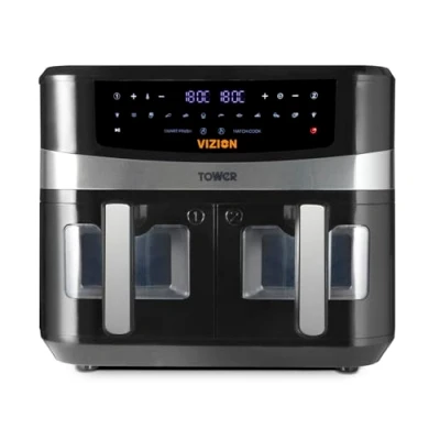 Immagine di Tower, T17100, Vortx Vizion 9L Friggitrice ad Aria Doppio Cestello con Pannello di Controllo Digitale e 10 Preimpostazioni One Touch, Elettrodomestici Cucina, Nero