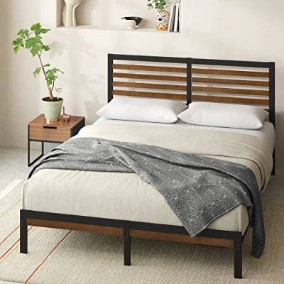 Immagine di Zinus Kai letto 120 x 190 cm 23 di altezza una piazza e mezza Struttura in bambù metallo nero con testiera pedier Marrone
