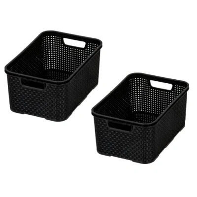 Immagine di BranQ Set di 2 cestini per la casa, stile rattan, misura L, da 19 litri, senza bisfenolo A (BPA), in polipropilene (PP), colore nero, 38 x 27,8 18,5 cm, pezzi