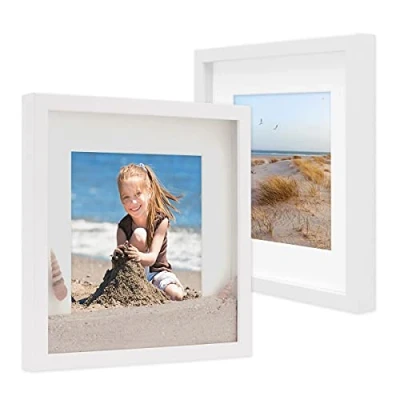 Immagine di PHOTOLINI 3D cornici 30x30 cm bianco, cornice profonda con vetro e passe partout, set di 2 per oggetti fino a 1,5 profondità, legno MDF perfetta il fai da te come regalo