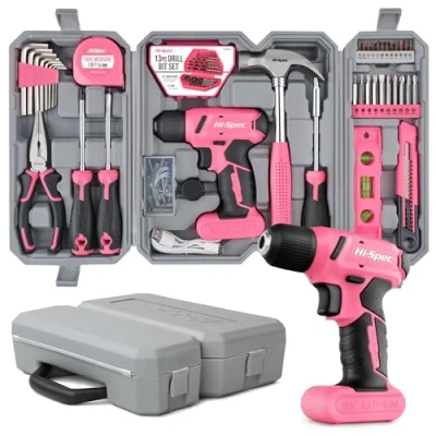 Immagine di Hi Spec Set di attrezzi da 58 pezzi per il fai te e la casa con Trapano Avvitatore Rosa 8V. Leggero, senza fili, portatile ricaricabile. utensili completo