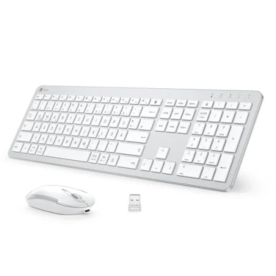 Immagine di iClever tastiera wireless ricaricabile, layout QWERTZ tedesco, da 2,4 GHz, per PC/laptop/Smart TV, bianco e argento