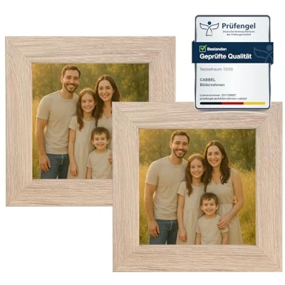 Immagine di CABBEL cornice portafoto 10 x cm, in MDF, vetro acrilico infrangibile, naturale, confezione da 2 pezzi, quadrata appoggiare o appendere, moderna e stabile