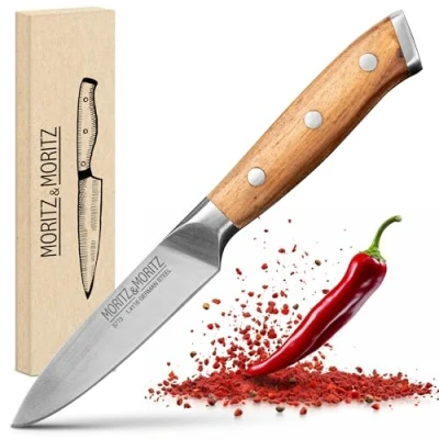 Immagine di Moritz &amp; Coltello Spelucchino 9 cm Piccolo Sghettato da Frutta con Lama Affilata per Tagli Precisi Manico Ergonomico in Legno d&#039;Acacia Multifunzionale